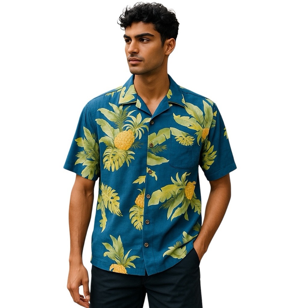 Vintage Jamaica Jaxx 100% Silk Hawaiian Shirt Mens Large Blue Pineapple Floral